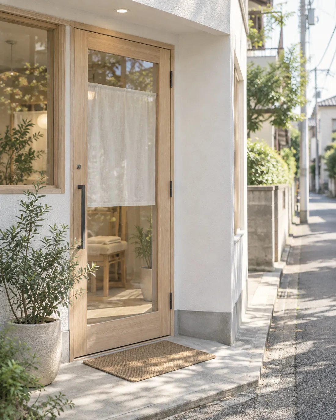 ガラスのはまった木の扉と、白いのれんのかかった入口