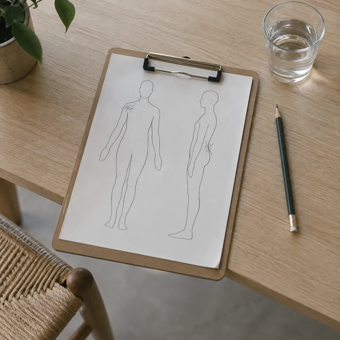 木の机の上のクリップボード。人の正面と横向きの線画に、鉛筆の印がついている