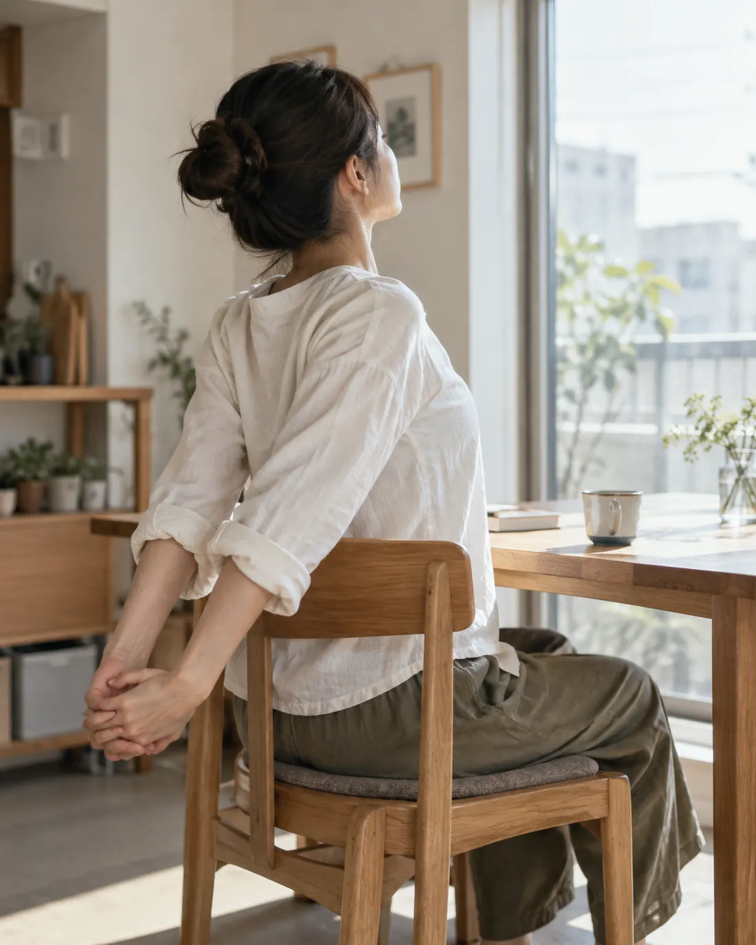 窓辺の木の椅子に浅く座り、背中で手を組んで胸を開く女性