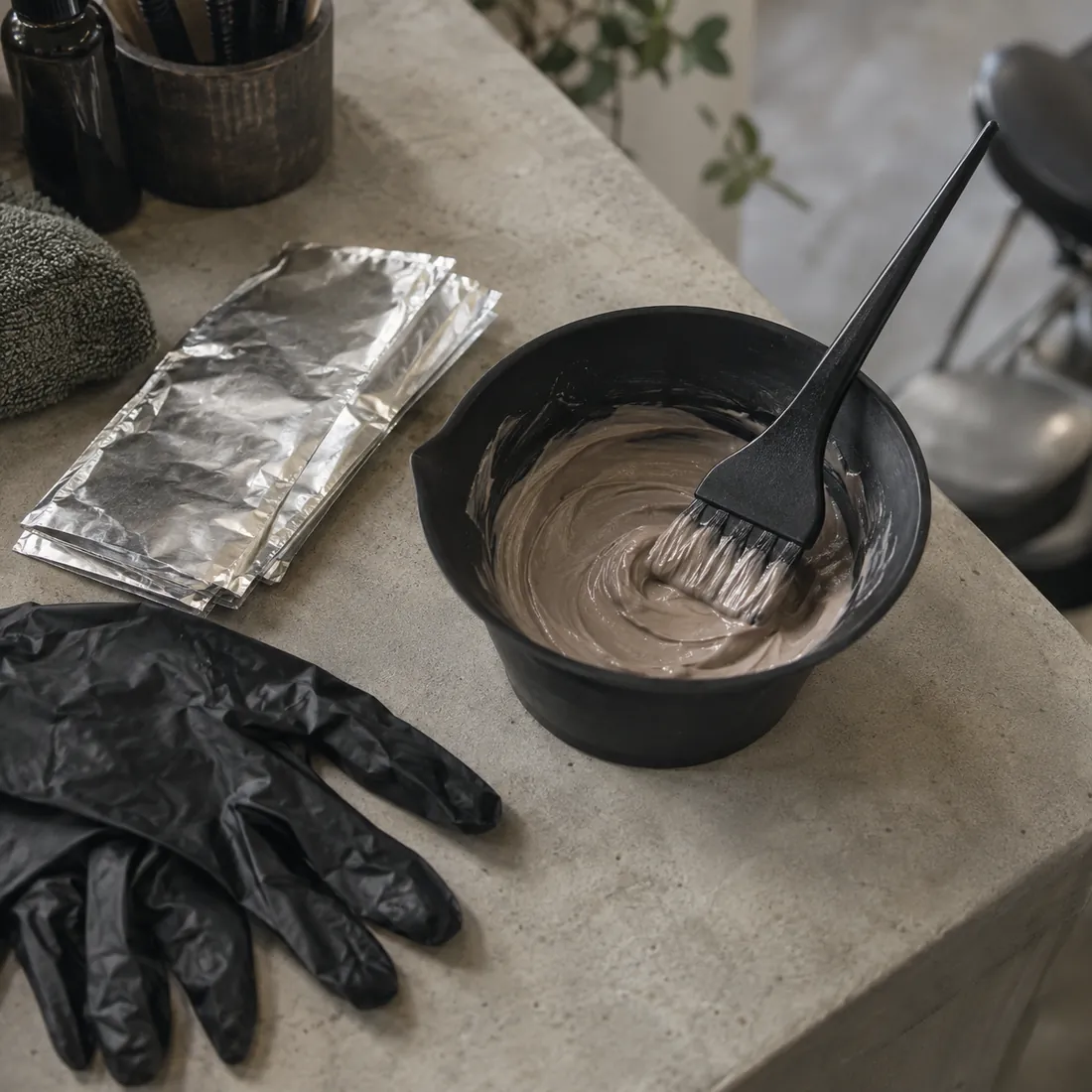 黒い器に入った、灰色がかった茶色のカラー剤と刷毛