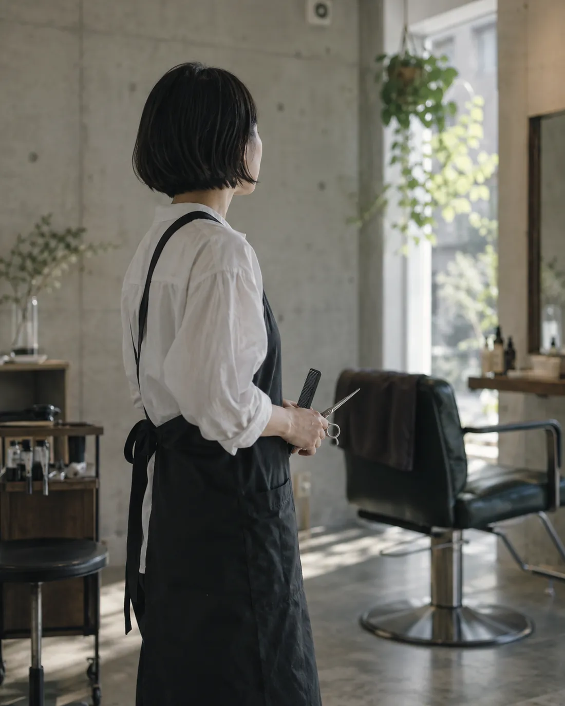 黒いエプロンにはさみを持った、ショートボブのスタイリスト