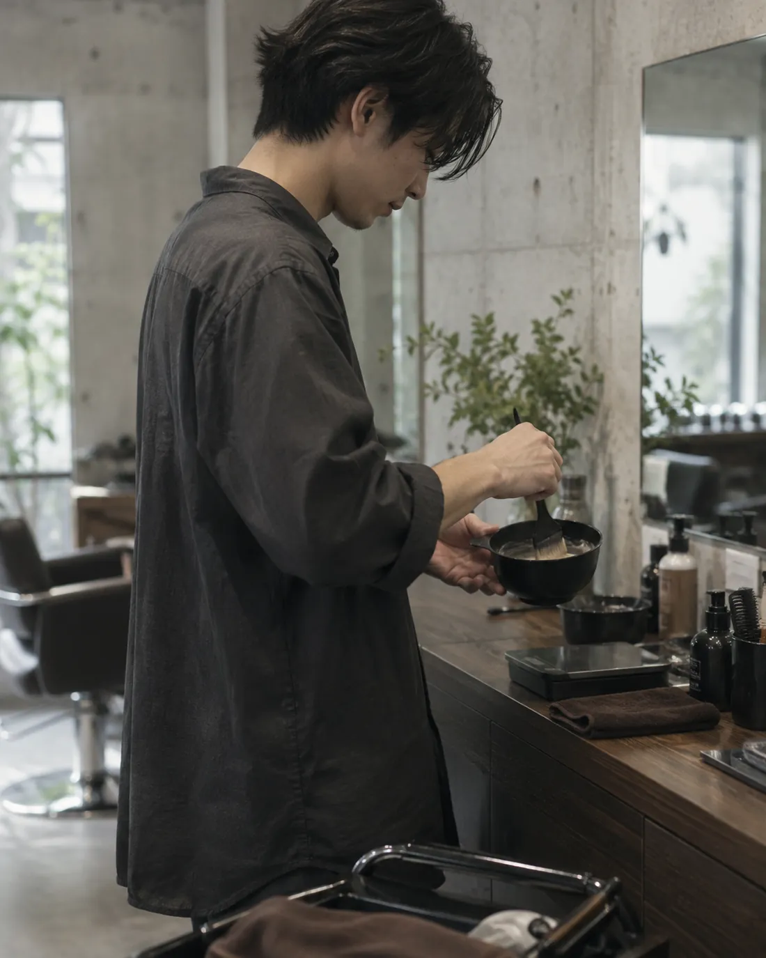 木のカウンターで、黒い器のカラー剤を混ぜるスタイリスト