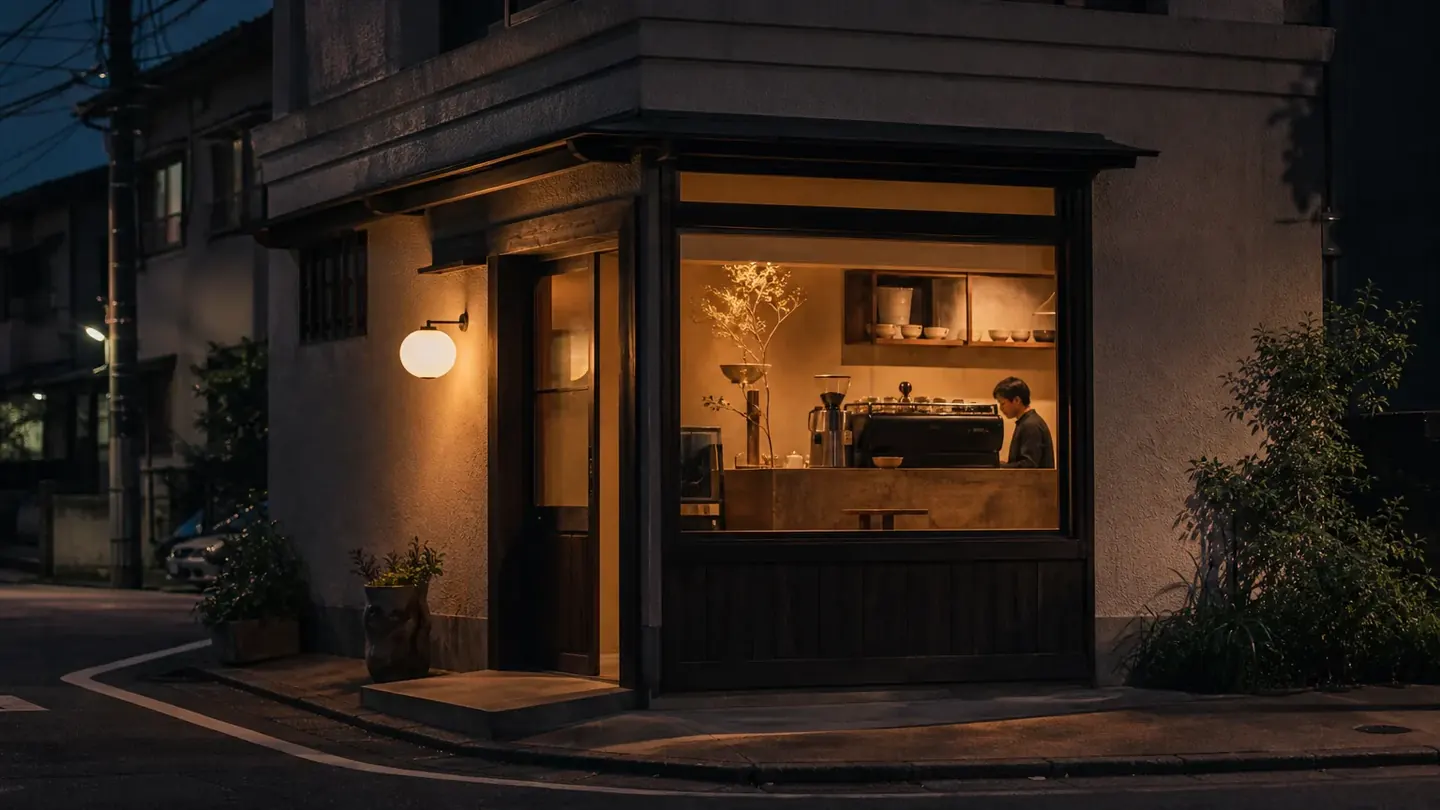夕暮れの路地角に灯りのともる店の外観