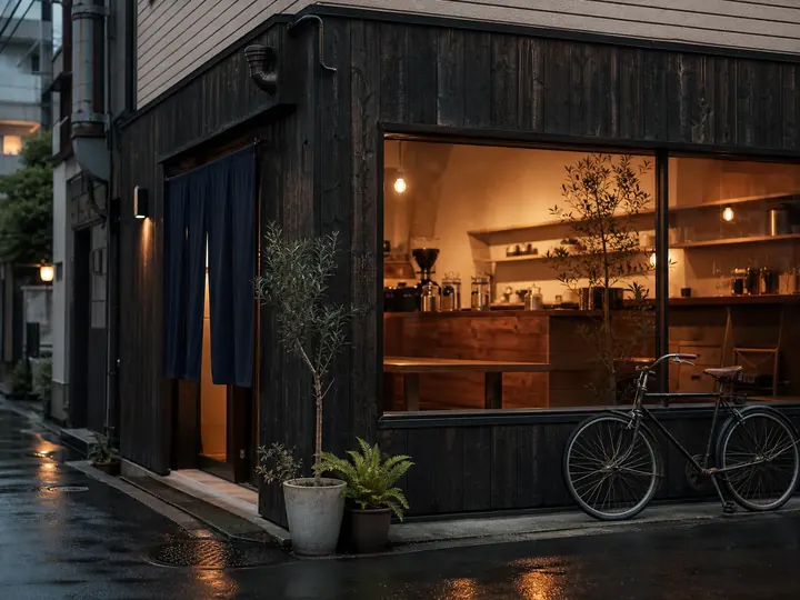 雨の夜、灯りのともる店の外観