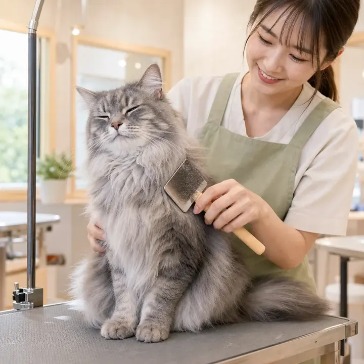 ブラッシングされて目を細める長毛の猫