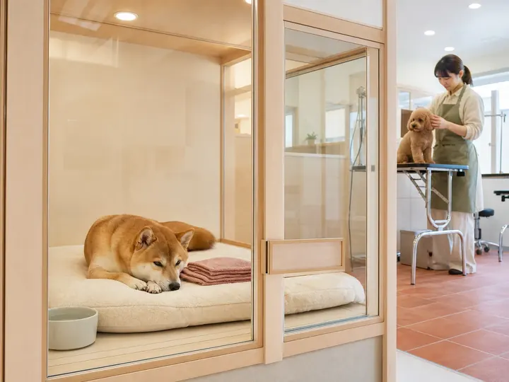 個室でくつろぐ柴犬