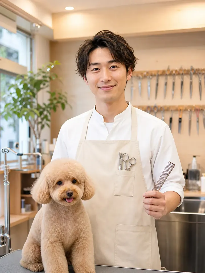 トイプードルと並んでほほえむ男性スタッフ