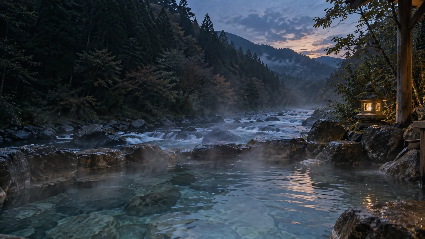 夕暮れの川べりの岩風呂。湯気が冷たい空気に立ちのぼる