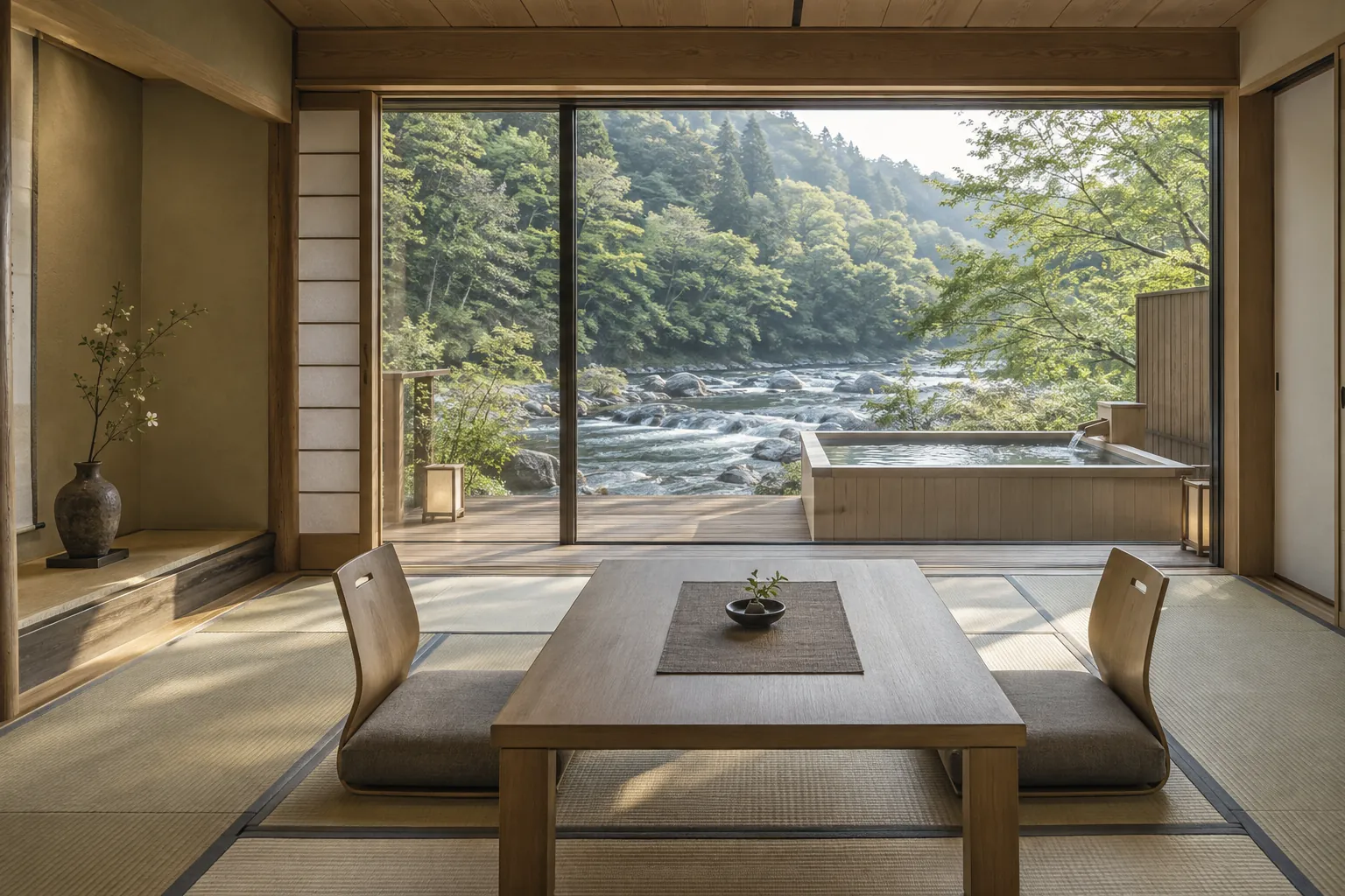 川の間。床から天井までの窓の先に、檜の湯船のあるデッキと川の瀬