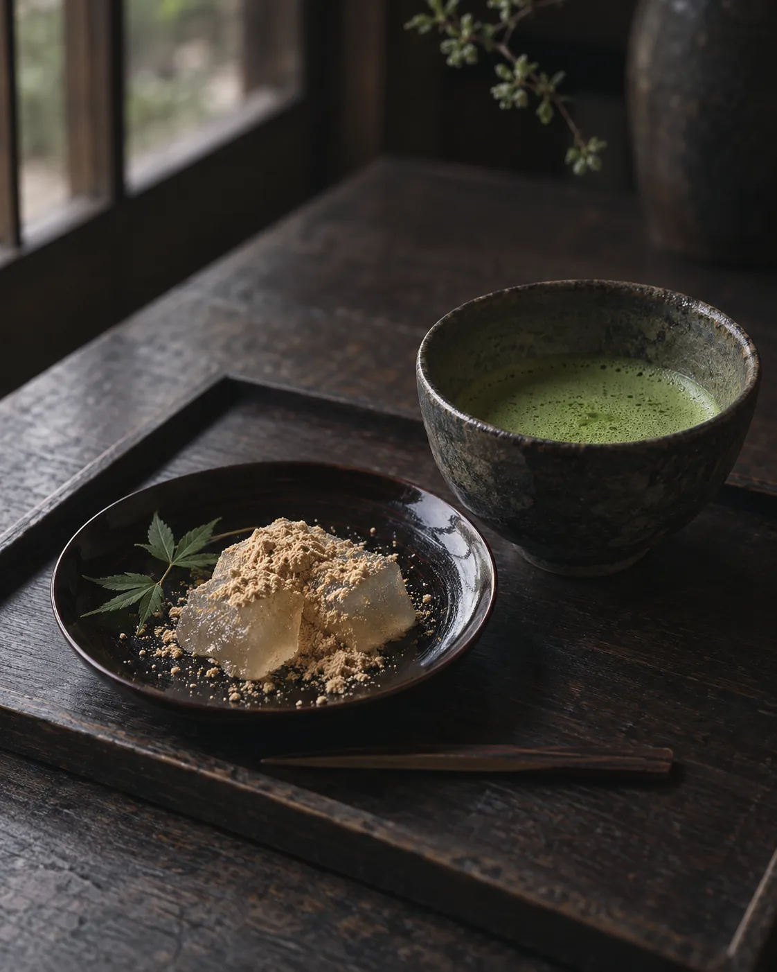 黒漆の皿のわらび餅と、点てたばかりの抹茶