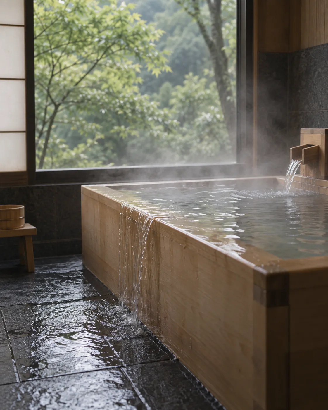 湯のあふれる檜の内湯