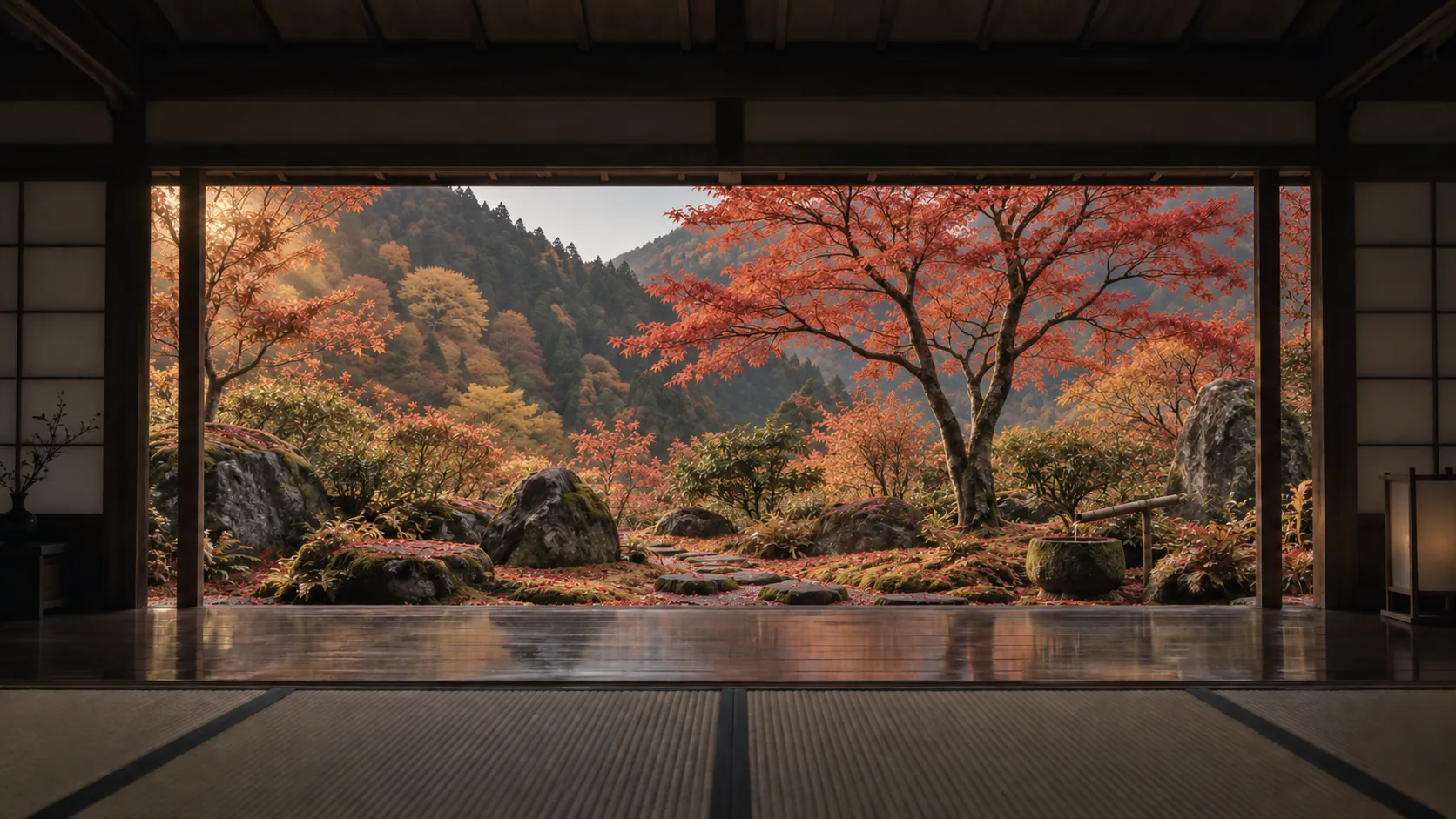 秋。真っ赤に色づいた楓と、紅葉の谷