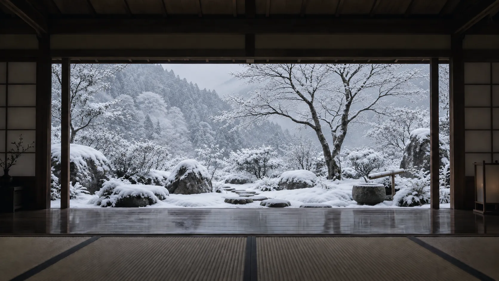 冬。雪をかぶった楓と苔庭