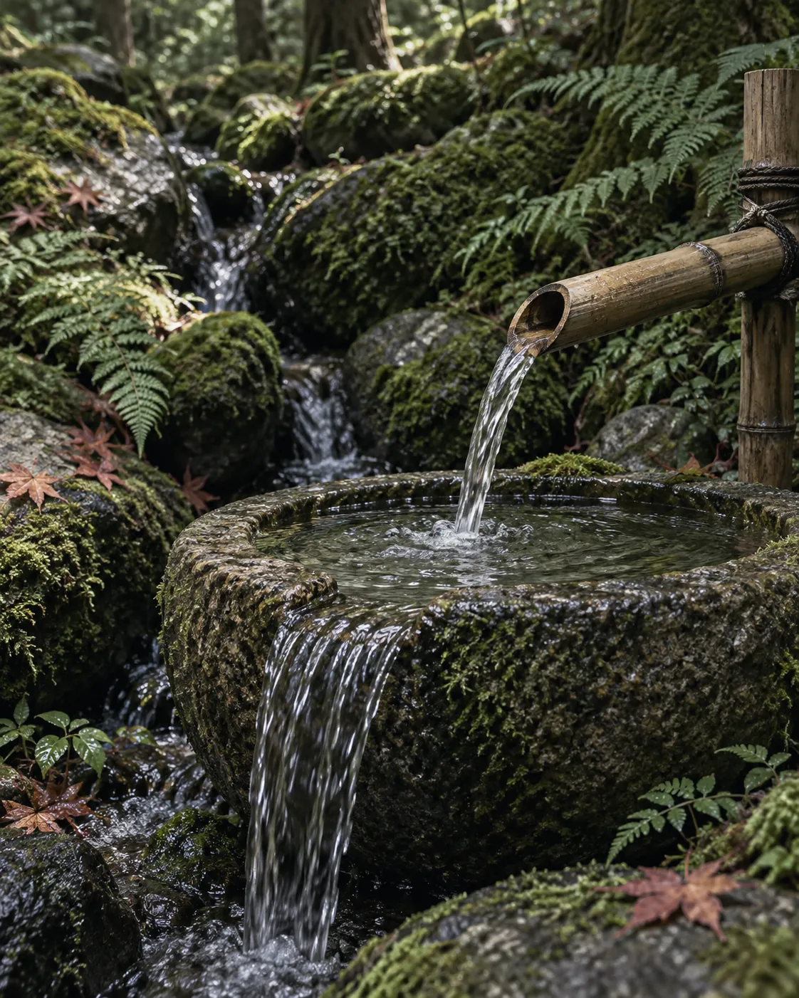 苔の岩から湧く水が、竹の筧を伝って石の蹲にあふれる
