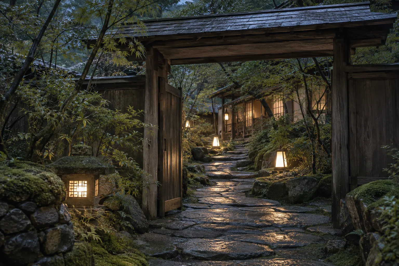 雨上がりの夕暮れ。木の門の先へ、行灯に照らされた濡れた石畳が続く
