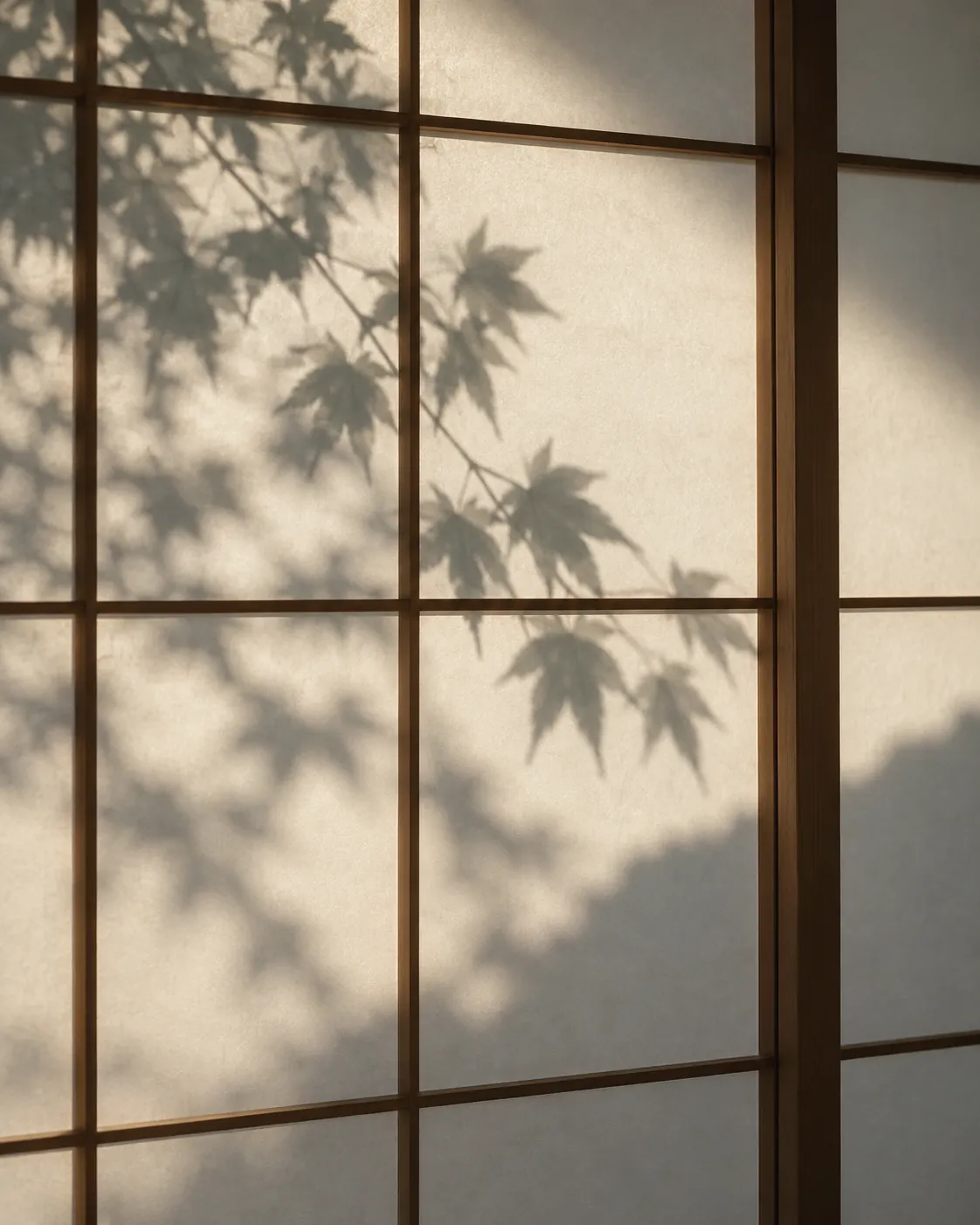 朝日が障子に楓の枝の影を落としている