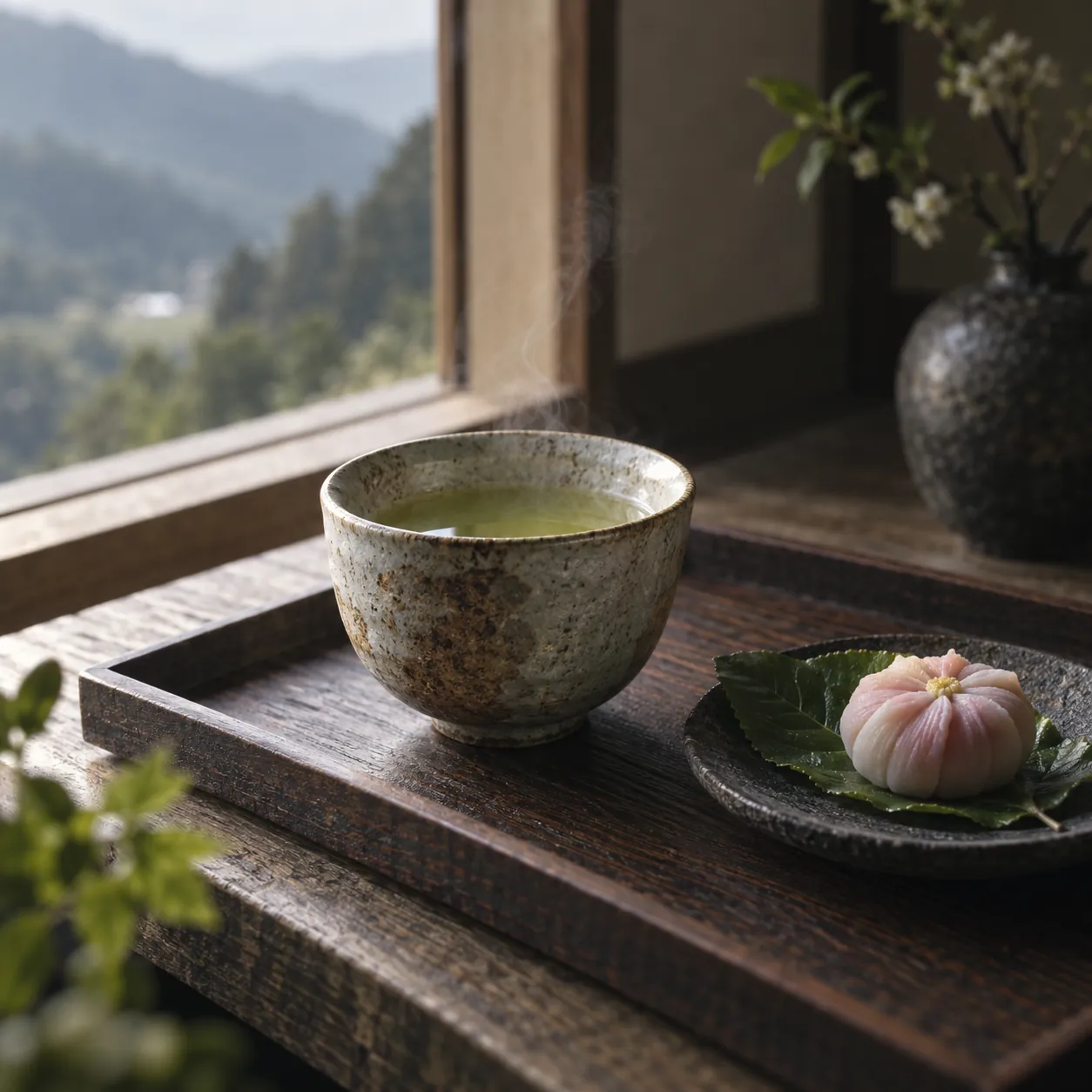 灰釉の湯呑みに淹れた煎茶と、葉の上の和菓子