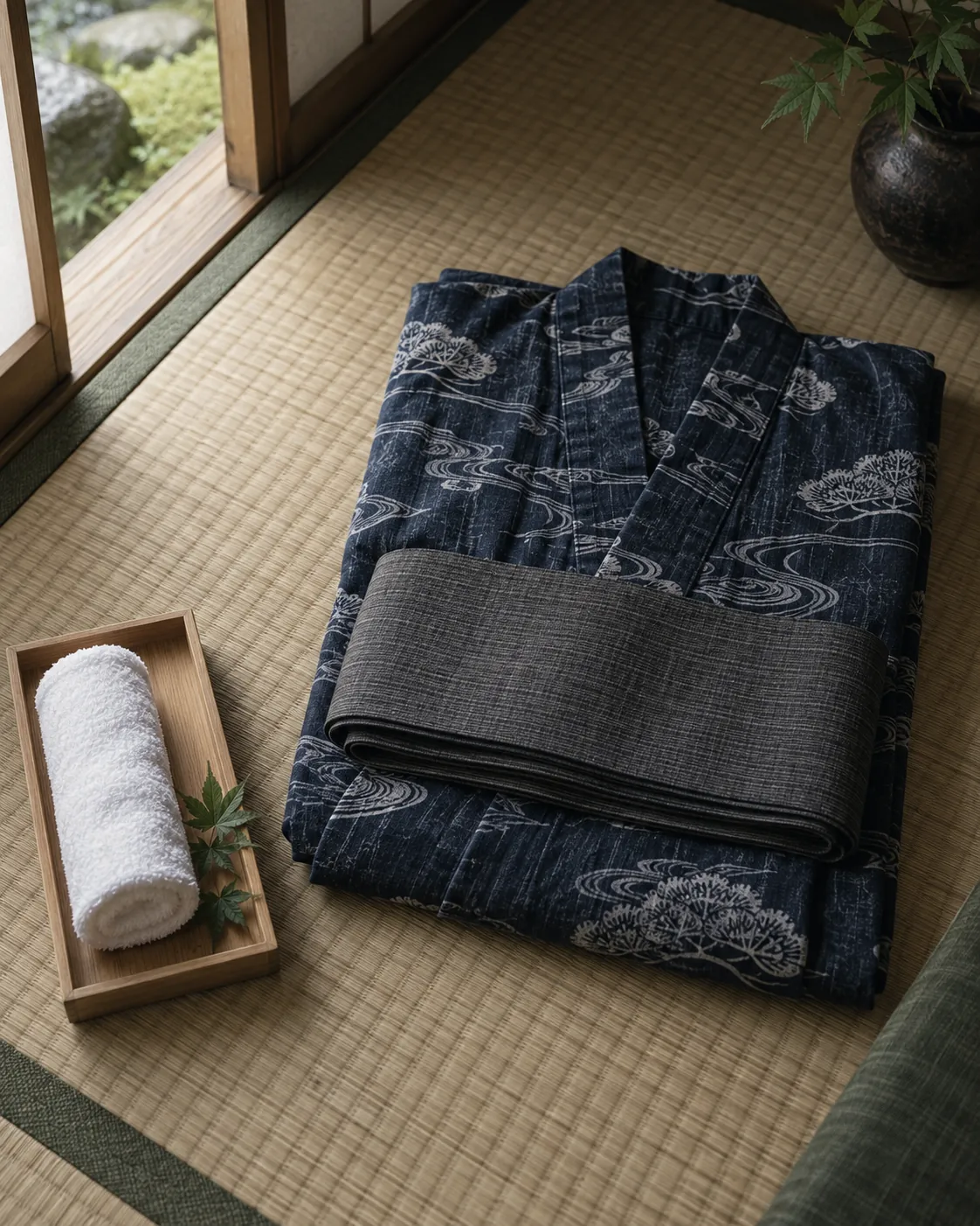 畳の上にたたまれた藍染めの浴衣と帯、檜の盆に手ぬぐい