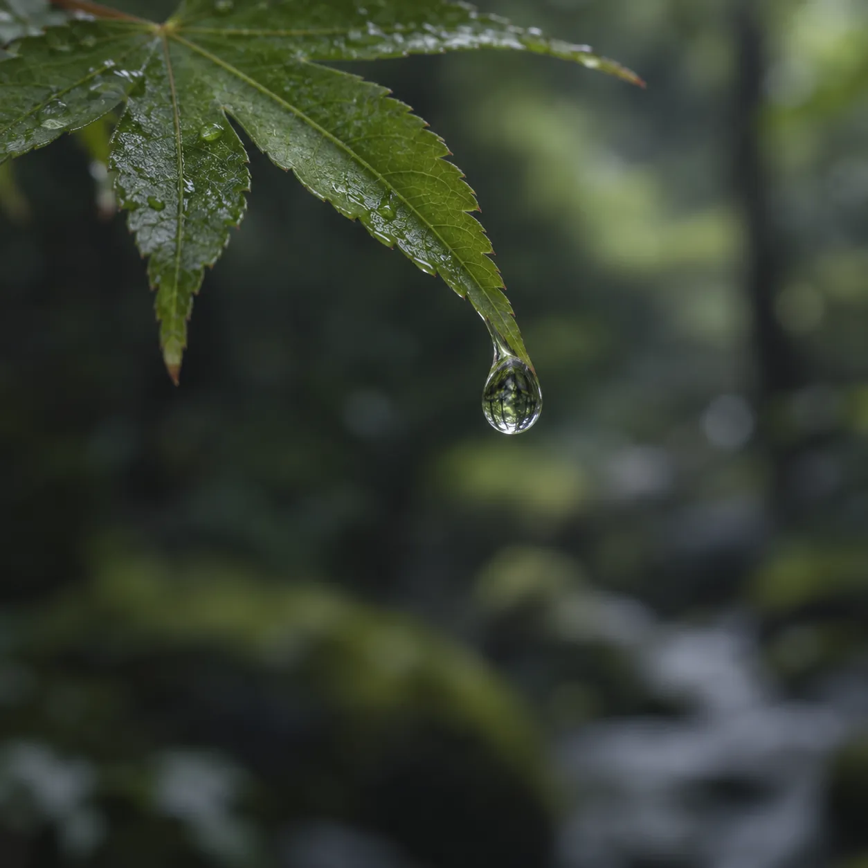楓の葉先で、いまにも落ちそうな一粒の雫