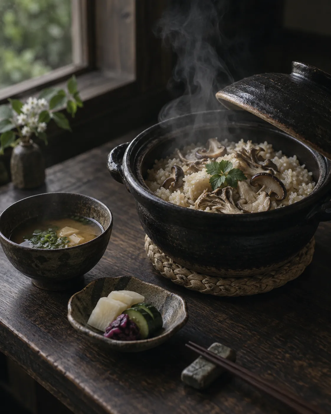 蓋を開けた黒い土鍋の茸ご飯と、赤だし