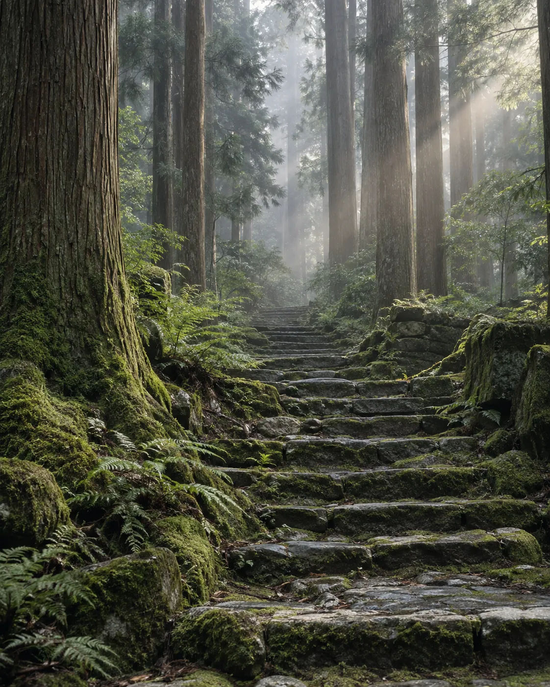 杉木立のあいだを、苔むした石段がのぼっていく